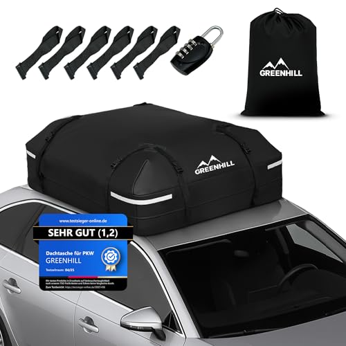 GREENHILL Auto Dachbox 410L Faltbar [Lackschonend], Dachgepäckträger wasserdicht, Dachtasche passend für alle Fahrzeuge