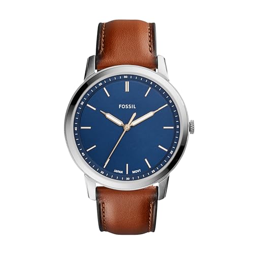 Fossil Minimalist uhr für Herren, Quarzwerk mit Edelstahl- oder Lederarmband, Blau und Braun, 44MM