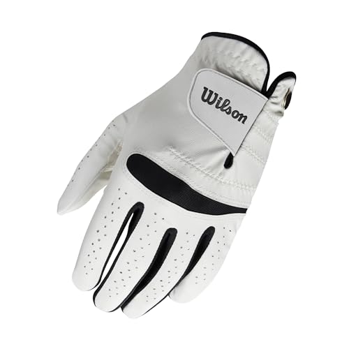 Wilson Feel Plus Herren-Golfhandschuh, Premium-Leder, Verbesserter Grip und Schweißkontrolle, Weiß, Größe L (Linke Hand)