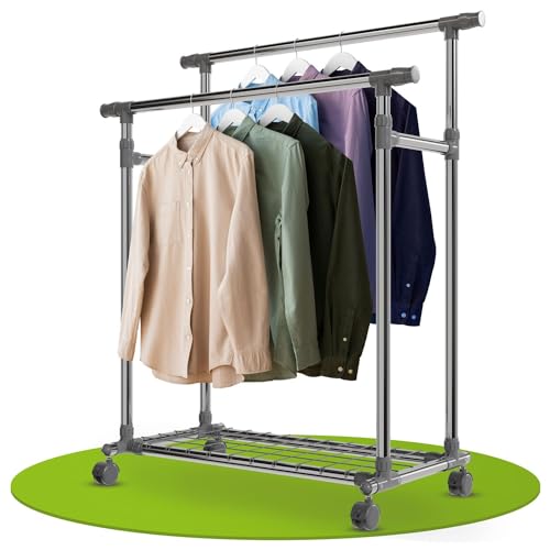 Juskys Metall Kleiderständer auf Rollen, stufenlos höhenverstellbar, 2 ausziehbare Stangen & Ablage, mobiler Garderobenständer stabil & freistehend, Kleiderstange aus Edelstahl