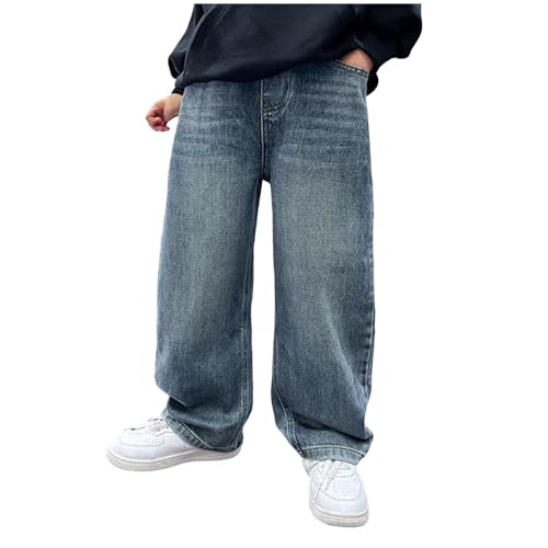 Baggy Jeans Jungen Straight Jeanshose Elastische Mit Taille Stretch Mode Denim Hosen Loose Fit Denim Vintage Hosen Lässige Weitem Bein Jeanshose Streetwear (Blue, 11-12 Years)