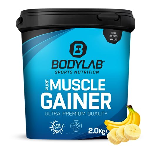 Bodylab24 Pure Muscle Gainer Banane 2000g, je 100g 33g natürliche Kohlenhydrate, 40g Protein und 12g Fett, angereichert mit Kreatinmonohydrat, perfekter Weight Gainer Shake für den Masseaufbau