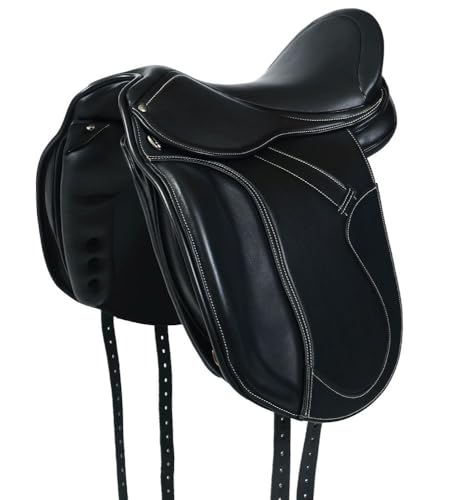 A&M Reitsport Dressur Sattel 1146 aus Leder, wechselbares Kopfeisen, Polyflex Baum, Schwarz, Größe:16.5 Zoll