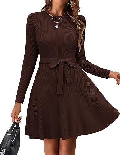 Hotouch Kleider Für Damen Langarm Pulloverkleid Frauen Elegant Midikleid Mit Gürtel Rundhals Strickkleid A-Linie Pullikleid Für Herbst Und Winter Braun M