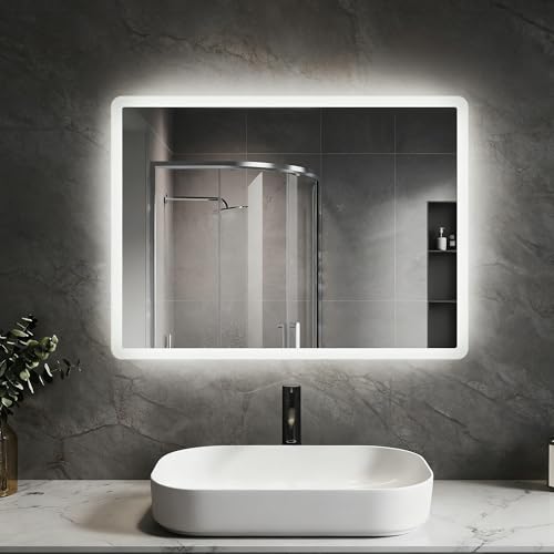 SVNR Badspiegel mit Beleuchtung,40x60cm LED Spiegel Bad,Wandspiegel für Badezimmer,Aluminiumrahmen,Explosionsgeschütztes Glas,Kanten aus mattiertem Glas,IP44 energiesparend