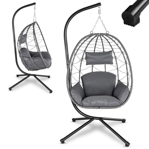 Juskys® Hängesessel Aria mit Gestell höhenverstellbar, faltbar & ergonomisch - Outdoor & Indoor - bis 130 kg - Polyrattan Korbhängesessel inkl. Kissen - Grau
