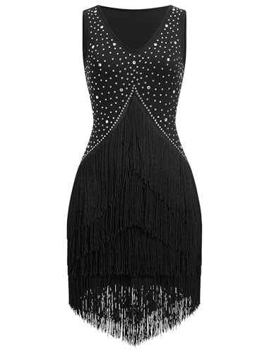 EFOGEP Damen Salsa Latin Dance Kleid Vintage 1920s Ärmellos Strass Lagen Fransenkleider Gatsby Cocktail Ballroom Tangos ChaCha Rumba Flapper Cami Kleid Schwarz L