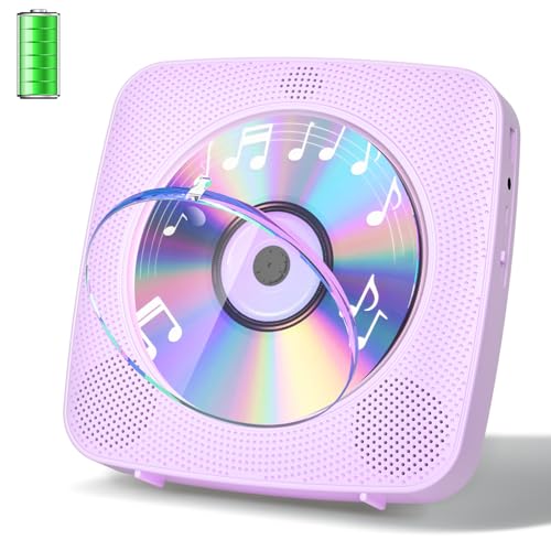 Gueray Desktop CD Player Bluetooth CD-Spieler mit Lautsprechern für Zuhause 1800mAh Tragbarer CD-Player mit AUX USB Kopfhörer Jack FM Radio mit Fernbedienung Staubschutz LCD Display (Lila)