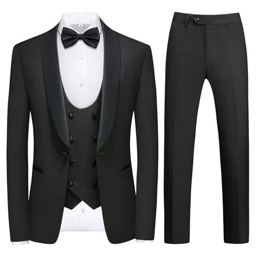 KUDMOL Anzüge Herren Slim Fit 4 Teilig Hochzeit Smoking Eine Knöpfe für Ball Herrenanzug Sakko Weste Hose mit Fliege(Schwarz,L)