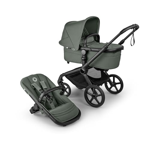 Bugaboo Fox 5 Renew, 2-in-1 Kinderwagen für jedes Gelände, mit Liegewanne und ausziehbarem Kleinkindsitz, praktische Ein-Hand Faltung, Fahrgestell in Schwarz und Sonnendach in Forest Green