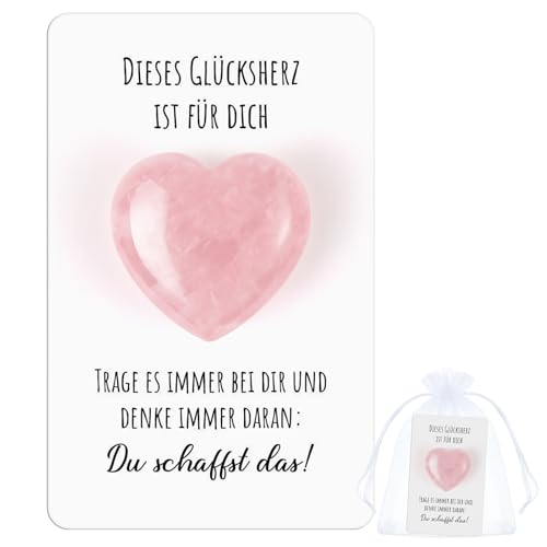 Otuuz Glücksherz Glücksbringer „Du Schaffst Das!“ Geschenkset – Rosa Pocket Hug Kristallherz mit Motivationskarte Mutmacher Geschenk für Freundin, Familie oder Kollegen zu Besonderen Anlässen