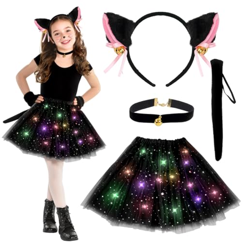 Katzen Kostüme Mädchen, Leuchtende Katzenkostüm, Karneval Kostüm Kinder Katze, Led Tutu Tüllrock, Katze Ohren Headband, Tail und Krawatte, Tiere Cosplay Kinderkostüm für Kinder Karneval Fasching