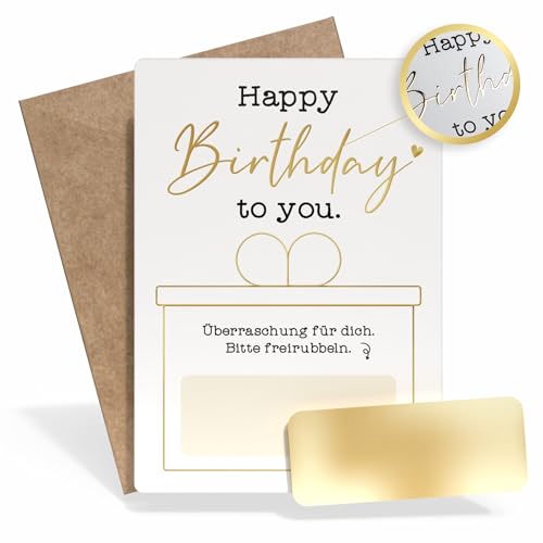 Creatastic - Stilvolle Gutscheinkarte Geburtstag, Golddruck, Rubbelaufkleber, Kuvert, DIN A6, Gutschein selbst gestalten, Rubbelkarte Geburtstag, Geburtstagskarte Frau, Geburtstagskarte Mann
