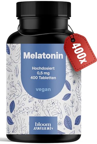 Melatonin Tabletten - 400 Stück mit 0,5mg Melatonin pro Tablette, hochdosiert - vegan und produziert in Deutschland - Verpackung kann variieren
