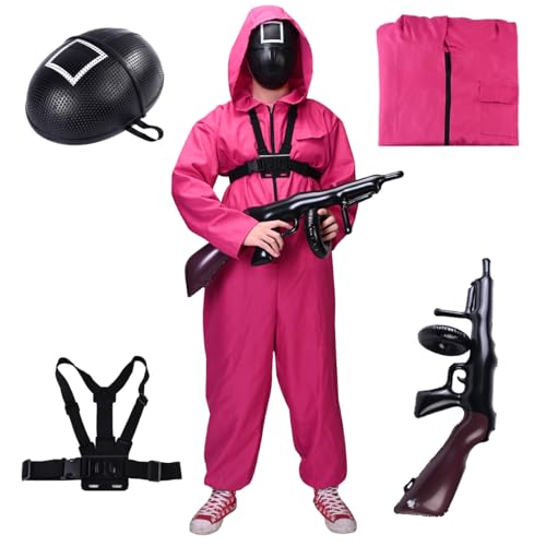 4 in 1 - Squid Game Set Erwachsene für Fasching & Karneval & Halloween - Kostüm mit Anzug & Gewehr & Maske - (170-190cm) 2XL