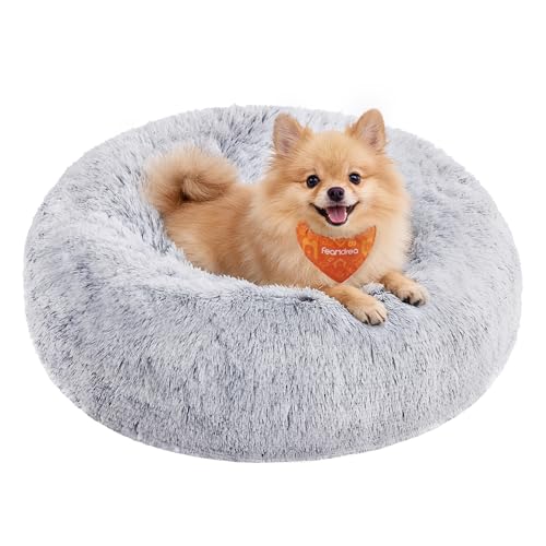 Feandrea Hundebett flauschig, Katzenbett, Donut Kissen, waschbar, Polsterung in der Mitte herausnehmbar, Langer Plüsch, 60 cm Durchmesser, Ombré-Grau PGW038G01