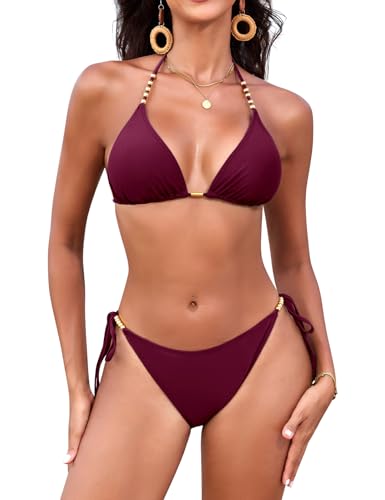 Svanco Triangel Damen Bikini Set mit Goldperlen, Neckholder Bikini Oberteil mit Polster und String Bikinihose zum Binden