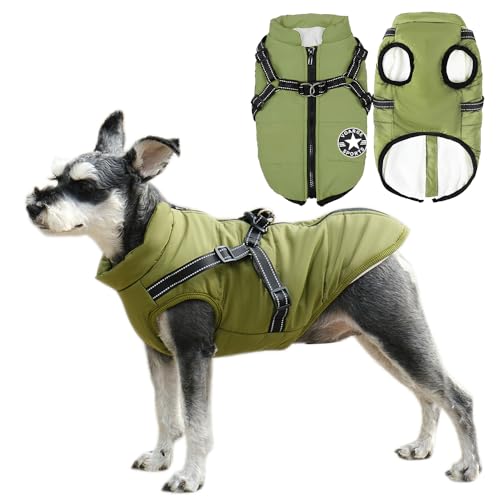Voarge Hundejacke Winterweste Jacken, Hundemantel mit Geschirr für Kleine Hunde Hundemantel Wasserdicht Maschinen Waschbarer Reflektierender Streifen Design Haltbarer D-Ring (Grün, S)