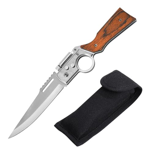 XPJBKC Jagdmesser Klappmesser, 21 x 4.3cm Klappmesser Holzgriff mit Gürteltasche, 3 in 1 Multifunktions Survival Messer mit LED Licht,Taschenmesser Outdoor für Camping,Jagd,Angeln,Geschenke für Männer