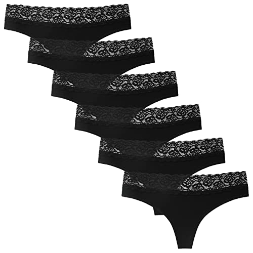 INNERSY Tanga Damen Sexy Spitze Baumwoll String Schwarz Hipster Pantys Bequeme Thong 6er Pack (M, 6 Schwarz mit Spitzenbund)