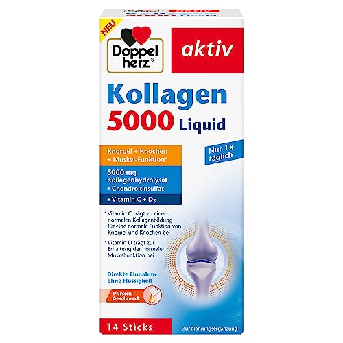 Doppelherz Kollagen 5000 Liquid - mit Kollagenhydrolysat, Chondroitinsulfat, Vitaminen und Mangan - 14 Sticks mit Pfirsich-Geschmack
