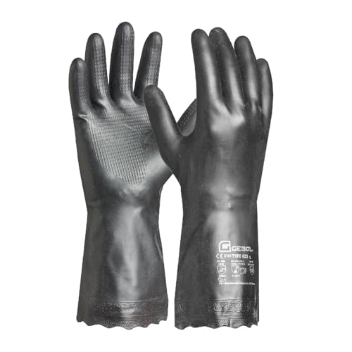 Gebol Carostar, 1 Paar Arbeitshandschuhe Herren, Chemikalienschutz-Gummihandschuhe, Putzhandschuhe mit Baumwoll-Beflockung & Waffelmuster, Säure- & Ölbeständig, Gr. M (Gr.8), Schwarz