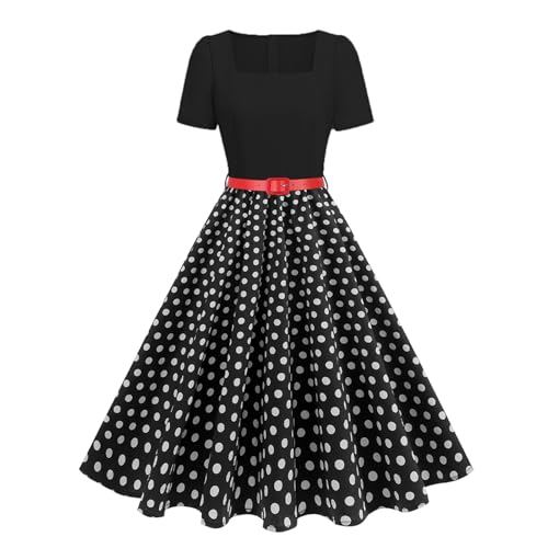 Odizli Rockabilly Kleider Damen Vintage Retro 50er Jahre Petticoat Kleid Audrey Hepburn Square Neck Polka Dot Swing Coctailkleid Festlich Hochzeit Hochzeitsgast Knielang Sommerkleid Schwarz L