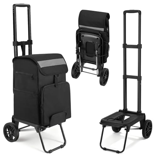 Housolution Einkaufstrolley Klappbar, 46L/136KG Kapazität Einkaufswagen Einkaufstasche mit Rollen, 2 in 1 Faltbarer Sackkarre Hackenporsche für Einkäufe und Reisen