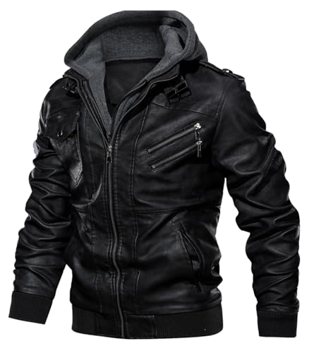 Uusollecy Lederjacke Herren, Kunstlederjacke Mit Abnehmbare Kapuze Schwarz XL