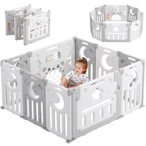 Dripex Laufstall Baby faltbar 113x113x62cm (10 Paneele) mit Spielboard, Laufgitter Baby, Kinderlaufstall & Babyzaun aus strapazierfähigem Plastik, Playpen für Innen & Außen, Grau