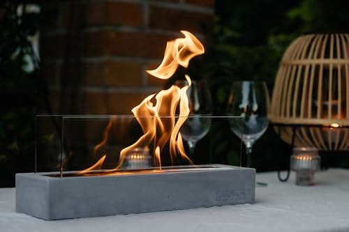 GRAURAUM Bio-Ethanol Kamin Tischkamin: Indoor & Outdoor Kaminfeuer mit Glas - 40cmx11cmx6cm Deko Tischfeuer für Wohnzimmertisch & Garten - Handgemacht in Deutschland