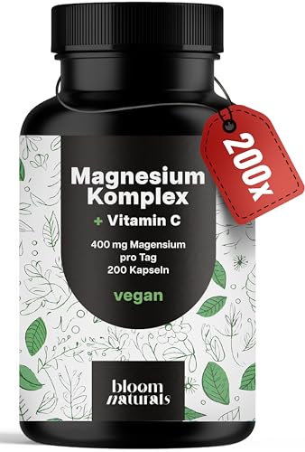 Magnesium Komplex hochdosiert - 200 Kapseln - 400 mg Magnesium pro Tag + Vitamin C, mit Bisglycinat, Citrat, Oxid, L-Ascorbat, Malat, vegan & produziert in Deutschland