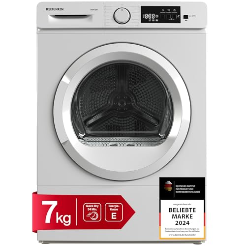 Telefunken Wärmepumpentrockner für 7 kg Wäsche, Trockner Frontlader, Wäschetrockner mit Knitterschutz und Startzeitvorwahl, Energiesparend, leise 64 dB, 15 Programme, Trommelbeleuchtung, TWP7EW