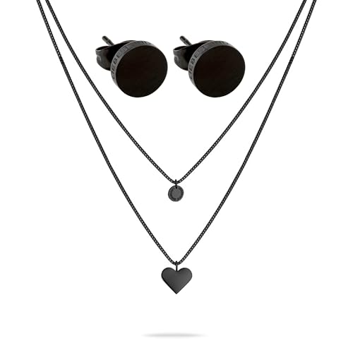 LIEBESKIND BERLIN Schmuck-Set - Schwarze Ohrstecker und Layering-Kette mit Herzanhänger - IP Schwarz - Venezianerkette verstellbar bis 45 cm - wasserfest & hautfreundlich
