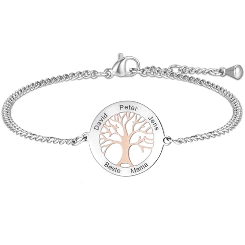 TMT Personalisiertes Lebensbaum Armband mit Gravur (silber & rose-gold) Mutter Tochter Armband mit Namen Tree of Life Personalisierte Geschenke Beste Mama Geschenk Armband personalisiert Damen