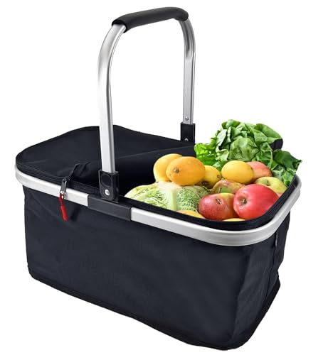 QMBasic Einkaufskorb 26 Ltr. faltbar | mit gepolstertem Alugriff | wasserabweisendes Design in schwarz | mit Deckel