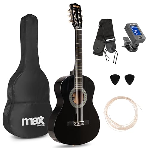 MAX SoloArt - Gitarre 3/4 Kindergitarre ab 6 jahre, Junior Akustik Gitarre inkl. Tasche, Plektrum, Gurt und Saiten-Zubehör, 3/4 Guitar in Schwarz