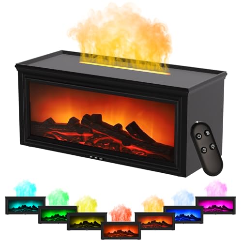 Aroma Diffuser mit LED Kamin Flammeneffekt - 7-Farben-Licht Luftbefeuchter mit Fernbedienung - Weißes Design für gemütliche Atmosphäre | Flammen Diffuser Wasserlose Abschaltautomatik, Schwarz