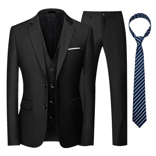KUDORO Herren Anzüge 3-teilig Slim Fit Einreihig Zwei Knöpfe für Hochzeit Business Herren 3-Stücke Formell Sakko Weste Hose mit Krawatte(Schwarz,M)
