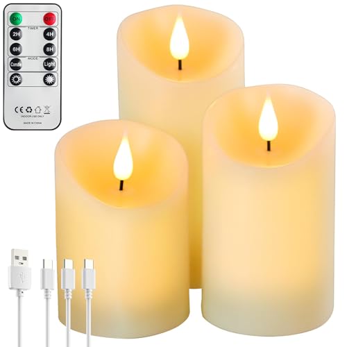 Forever Speed 3er-Set Led Kerzen Aufladbar mit Fernbedienung Timer, Dimmbar Wiederaufladbare Flammenlose Kerzen mit Ladekabel für Party Wohndekoration, Camping, Hochzeiten, Geschenke