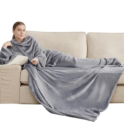 BEDSURE Decke mit Ärmeln Kuscheldecke - Geschenke für Frauen und Männer, Warm Ärmeldecke & Sofadecke für Erwachsene, Flauschige Ganzkörperdecke zum anziehen, Tragbare Decke, 150x200cm, Grau