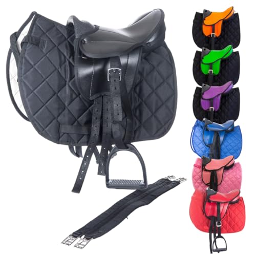 Marengos - Holzpferd Sattel Set | Sattel für Holzpferd mit Sattelgurt, Schabracke, Steigbügel & -Riemen | Sattel aus Kunstleder | Sattel-Typ Beginner in schwarz | Größe 12
