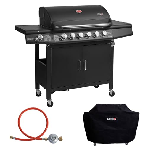 TAINO RED 6+1 Gasgrill Set Grillwagen BBQ Edelstahl-Brenner Griller 6 Brenner Seitenkocher