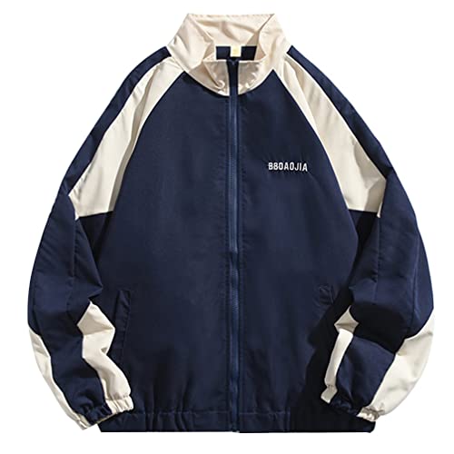 Minetom Damen Patchwork Farbblock Oversize Hip Hop Jacke Teenager Mädchen Mantel Sport Übergangsjacke Windbreaker College Jacke Sweatjacke B Blau S