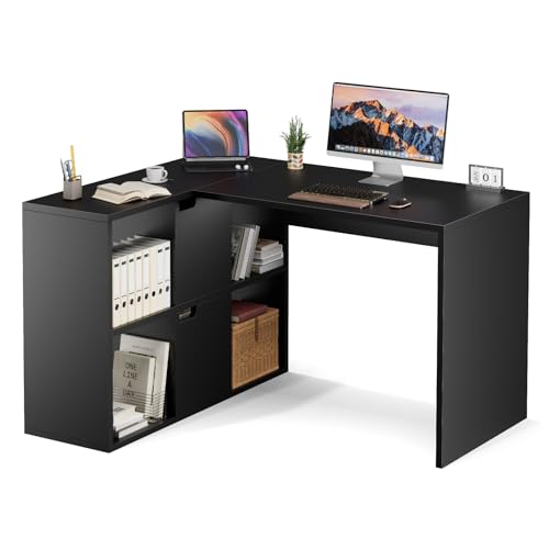 Sweetcrispy L-Form Schreibtisch mit Regal & Schrank, 120x100x75cm Eckschreibtisch, Starker Gaming Tisch mit Ablageflächen, Einfacher Montage, Schwarz