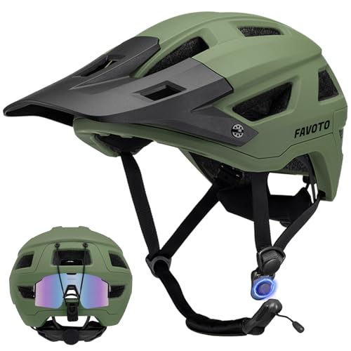 Favoto Mountainbike Fahrradhelm mit Schirm Leicht - Doppelte Inmould Technologie MTB Helm für Damen Herren Rennradhelm L(59-61cm) Verstellabr Armeegrün