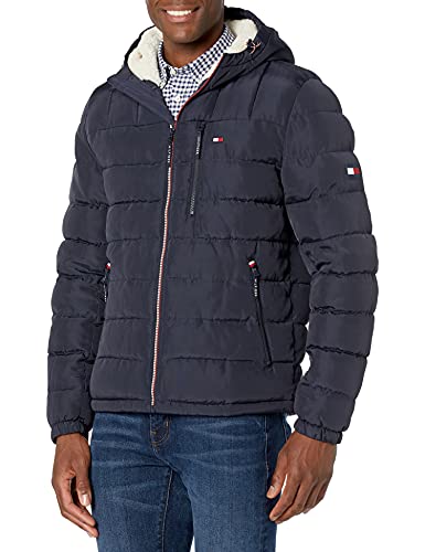 Tommy Hilfiger Herren Mittelschwere, Wasserabweisende Pufferjacke mit Sherpa-Futter, mit Kapuze Mantel, Midnight Tech, M