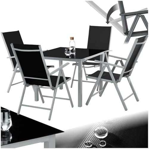 tectake® Gartenmöbel Set mit Tisch und 4 klappbaren Stühlen mit Verstellbarer Rückenlehne, Aluminium Gartenmöbel 4+1, Sicherheitsglas Tischplatte, Gartentisch mit Stühlen, wetterfest - Silber
