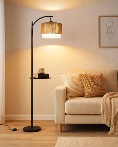 Wio-Mio Rattan Stehlampe mit Tisch für Wohnzimmer, Standlampe mit Fußschalter, Schwarze Boho Stehlampe mit doppeltem Stoffschirm, 3 Lichtfarben, Leuchtmittel inklusive