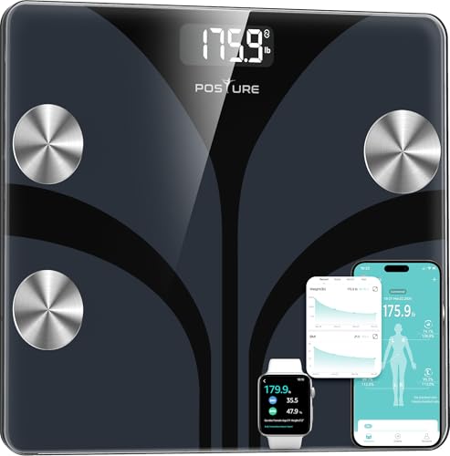 Posture Personenwaage Körperfettwaage Digital mit 13 Messwerten, Gewichtsskala mit BMI-Gesundheitsmonitor, Synchronisierung mit Apps, bis 180 kg